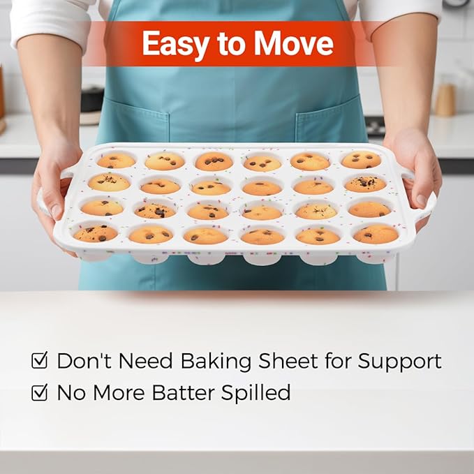 Silicone Mini Muffin Pan, Metal Reinforced Frame 24 Cups Cupcake Pan with Handle Nonstick for Baking Muffins, Cupcakes, Egg Bites