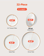 VEVOR Dinnerware Set, Service for 8 (32 PCS), Round Plates and Bowls Sets, Scratch Resistant Ceramic Dinner Ware, Dishwasher and Microwave Suitable Kitchen Dish, for Dessert Salad Soup Pasta, White