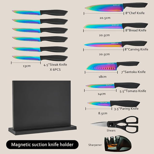 15-Piece High Carbon Stainless Steel Kitchen Knife Set with Magnetic Holder - Includes Chef's, Bread, Serrated Steak Knives and Sharpener
