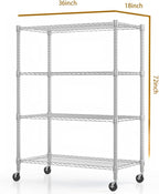 Himimi 4-Tier Heavy Duty Steel Wire Rack Storage Shelving, Adjustable Metal Storage Shelves with Wheels, 72''H Wire Shelf for Kitchen Garage Basement Pantry Organization, 18" D×36" W×72" H-Silver