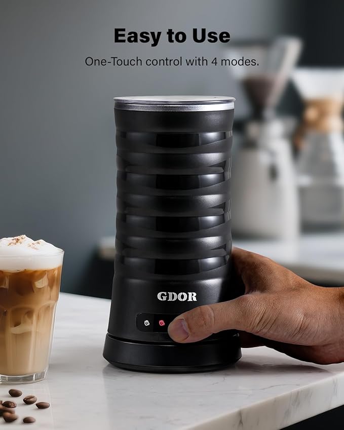 GDOR Milk Frother and Steamer, 4 in 1 Milk Steamer, 10oz Large Capacity, Cold Foam Maker, Hot Chocolate Maker, Frother for Coffee, Latte, Macchiato, Cappuccino, Black