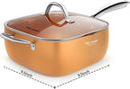 FELAMP 9.5-Inch Ceramic Nonstick Deep Square Frying Pan Set with Glass Lid, Stainless Steel Fry Basket & Steamer Rack, Induction Compatible, Oven &Dishwasher Safe, 4-Piece Copper Pan Chef Cookware Set