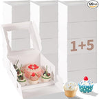Bento Cake Box With Cupcakes, Clear Window 6 Holes Bento Combination,12 Sets: Cookie Boxes Fit 5 Regular Cupcake and Mini Cakes, Christmas Wedding Birthday Party (White/clear, 1+5/12pcs)