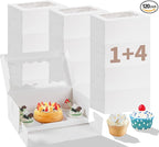 Bento Cake Box With Cupcakes, Clear Window 5 Holes Bento Combination,6 Sets: Cookie Boxes Fit 4 Regular Cupcake and Mini Cakes, Christmas Wedding Birthday Party (White/clear, 1+4/6pcs)