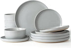 Famiware Milkyway Plates and Bowls Set, 12 Pieces Dinnerware Sets, Dishes Set for 4, Light Gray