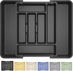 Caperci Large Silverware Organizer for Kitchen Drawer & Utensils - Expandable Drawer Organizer for Cutlery, Flatware & Gadget, BPA-Free Thick Plastic, Wider Compartments & Non-skid Feet (Black)