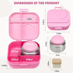 Bento Lunch Box with 12oz Soup Thermo,4 Compartments Lunch Box Containers, Spoon&Sauce Jar, BPA Free&Leak proof,Insulated Food Jar for Travel(Pink)