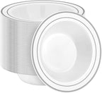 100 Pack Disposable Soup Bowls with Silver Rim, 12oz Premium Heavy Duty Plastic Dinner Bowls for Party, Wedding and Holiday