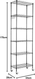 Himimi 6-Tier Wire Shelving Unit with Wheels - Adjustable Metal Storage Rack for Garage, Kitchen, Office, Pantry - Easy Assembly, Rolling Steel Shelves with Stainless Side Hooks, Silver Grey