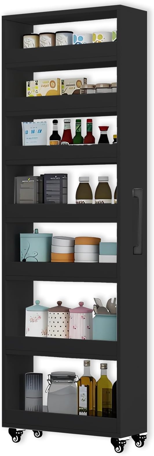7-Tier Slim Storage Cart, Wooden Rolling Pantry Cabinet with Wheels, Narrow Shelf Organizer for Kitchen, Bakers Rack, Dining Room, Closet, Small Spaces Dark Walnut 73.2''H*9.8''W*19.6''D