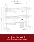 Dish Drying Rack - Over The Sink Dish Drainer Drying Rack with Utensil & Knife Holder, Hooks, Stainless Steel Kitchen Organizers and Storage Solution, 11.8" D x 31.5"~39.0''W x 30" H, White