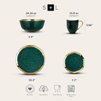 Stone Lain Florian Modern Porcelain 16 Piece Dinnerware Set, Plates and Bowls Set, Dish set for 4, Green and Golden Rim