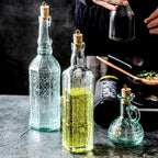 Bormioli Rocco Set Of 2 Country Home Olivia Oil Bottle, 7-ounce Cruet With All Natural Cork Lid, Blue-green Tinted Star Glass, Elegant And Floral Design, Made In Italy.