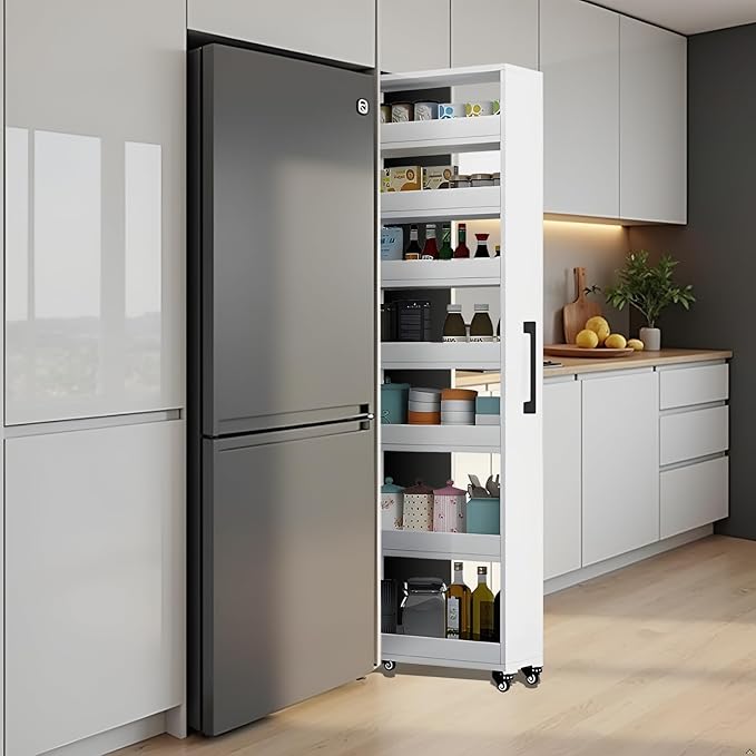 7-Tier Slim Storage Cart, Wooden Rolling Pantry Cabinet with Wheels, Narrow Shelf Organizer for Kitchen, Bakers Rack, Dining Room, Closet, Small Spaces Gray 47.2" H*5.9" W*23.6" D