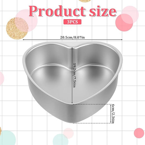 3 Pieces Heart Shaped Cake Pans, 8 Inch Aluminum Heart Cake Molds, Cake Baking Supplies, Heat-Resistant DIY Baking Tool for Wedding, Birthday Party, Engagement, Valentine Day