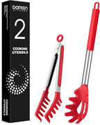Spaghetti Spoon and Pasta Tong, Non-stick Silicone Spoon Server Fork with teeth and Stainless Steel Handle Spaghetti Tong, Food Clip for Spaghetti Noodle (RED)