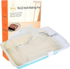 9x13 Baking Pan with Lid and Handle, Nonstick Cake Carrier with Locking Cover, Deep Oblong Bakeware for Brownies, Casseroles, and Travel, Blue and Beige