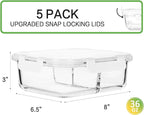 M MCIRCO [5-Pack,36 oz] Glass Meal Prep Containers 3 Compartment with Lids, Glass Lunch Containers,Food Prep Lunch Box,Bento Box, Microwave, Oven, Freezer, Dishwasher (4.5 Cups, White)