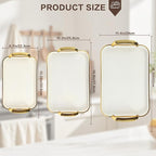 Serving Tray with Handles Set of 3 Rectangular Large Serving Platters 16.5/14.9/13.2 Inch White Plates for Dinner, Party, Entertaining, Cream Gold