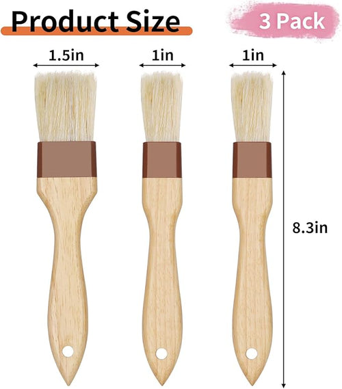 3 Pcs Pastry Brush, Natural Bristle Basting Brush, Cooking Brush, Food Brush, Butter Brush, Baster Brush, BBQ Brushes for Sauce, Kitchen Baking Brushes for Oil, Grilling, Marinade