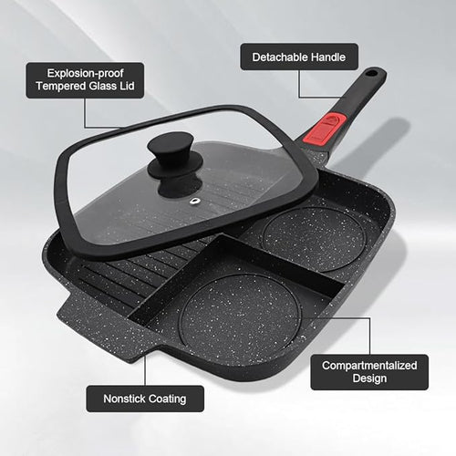 3 Section Grill Pan for Stove Tops with Detachable Handle, Nonstick Versatile Griddle Pan with Lid, Square Skillet PFOA Free, Black