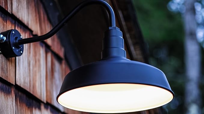 Steel Lighting Co. Gardena Barn Light | Outdoor Wall Mounted | 16" Dome | 11" Gooseneck | Farmhouse Light Made in America | Navy Blue Exterior/Brass Interior