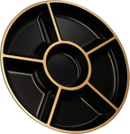Plasticpro 6 Sectional Round Plastic Serving Tray/Platters Black & Gold Pack of 4