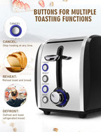 Toaster 2 Slices, Stainless Steel JEWJIO Retro Toaster with 1.5" Extra Wide Slot for 6 Bread Shades Setting/Bagel/Defrost/Reheat/Cancel Function/Removable Crumb Tray 800W, Matte Black