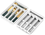 Cutesun Silverware Drawer Organizer Tray, Desktop Plastic Drawer Storage, Cutlery Storage for Kitchen Drawer, Flatware and Utensil Holder Divider for Spoons Forks Knives Tableware, 5 Compartment, Gray