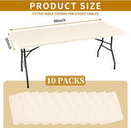 10 Pack Fitted Tablecloth for 8 Foot Rectangle Tables, Ivory Elastic Outdoor Picnic Table Cover, Washable Stretch Folding Table Cloths 8 ft for Camping Party Patio Kitchen Banquet, 30" W x 96" L