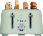 LONGDEEM 4-Slice Toaster 1.5" Extra Wide Slot Stainless Steel with High Lift Lever, 6 Presets & Bagel/Defrost/Cancel Function, Removal Crumb Tray, Under Base Cord Storage, Green