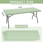 10 Pack Fitted Tablecloth for 6 Foot Rectangle Tables, Sage Green Elastic Outdoor Picnic Table Cover, Washable Stretch Folding Table Cloths 6 ft for Camping Party Patio Kitchen Banquet, 30" W x 72" L