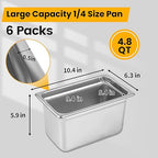 1/4 Hotel Pans 6 Inch Deep Stainless Steel Food Pan - Anti-Jam 6 Pack Steam Table Pan Set for Catering, Buffet Use, Kitchen Prep