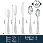 HIKAA 20PCS Silverware Set Service for 4,Premium Stainless Steel Cutlery Set, Mirror Polished Flatware Sets,Modern Kitchen Eating Utensils Set Include Spoons Forks Knives
