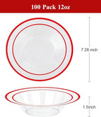 100 Pack clear Plastic Bowls with Red Rim, 12oz Disposable Soup Bowls, Heavy Duty Dessert Bowls for Christmas, Parties, Dinners, Catering, Thanksgiving