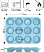 12 Cups Silicone Muffin Pan, Nonstick Cupcake Pan, Heat Resistant Silicone Muffin Tin, Reusable Cupcake Moulds Baking Pan for Cakes, Bread (Blue-2 Packs)