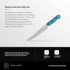 DURA LIVING Premium 8-Piece Steak Knife Set – Sharp Serrated Blades, Forged High Carbon Stainless Steel, Full Tang, Ergonomic Handle, Royal Blue – Ideal for Dining & Entertaining