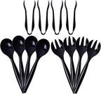 Supernal 72pcs Plastic Serving Utensils Heavy Duty Disposable Serving Tongs Black Disposable Serving Set 10" Spoons 10" Forks 6" Tongs Each 24pcs