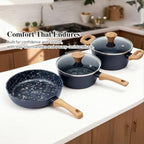 3-Piece Nonstick Pots and Pans Set with Lids, Includes 10.25 Inch Frying Pan 1.5Qt Saucepan and 2.2Qt Stock Pot, PFOA Free Dishwasher Safe Induction Compatible Family Cookware, Black