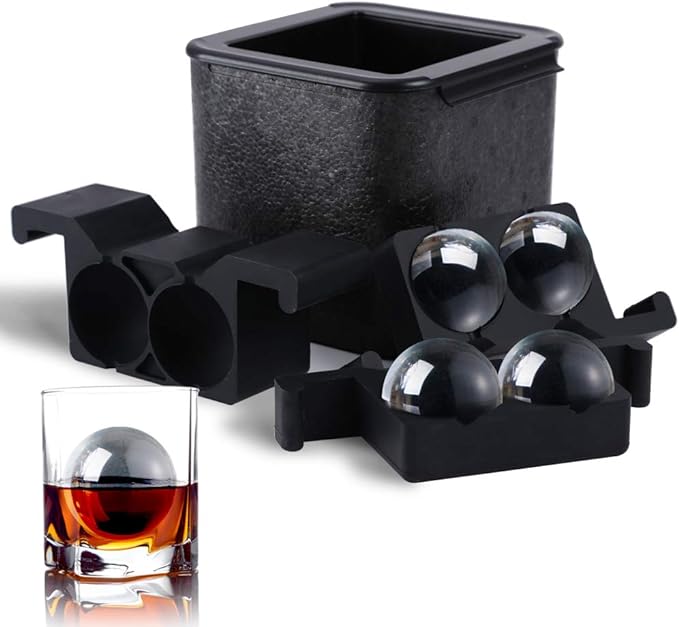 TINANA Crystal Clear Ice Ball Maker, 4 Cavity Large Clear Ice Balls Form, 2.5” Round Ice Sphere Trays for Whiskey, Cocktail, Brandy, Bourbon