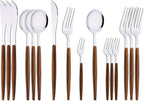 16-Piece Silverware Set with Cake Fork, Silver Stainless Steel Flatware Cutlery, Eating Utensils with Wooden Effect Handle, Includes Knife, Fork, Spoon, Mirror Finish, Dishwasher Safe