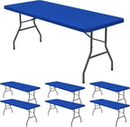 6 Pack Stretch Fabric Table Top Cap Cover, fits 8' Tables, Spandex Table Covers Washable Elastic Rectangle Tablecloth Protector for Indoor Outdoor Party Picnic Wedding, Royal Blue, 30" W x 96" L