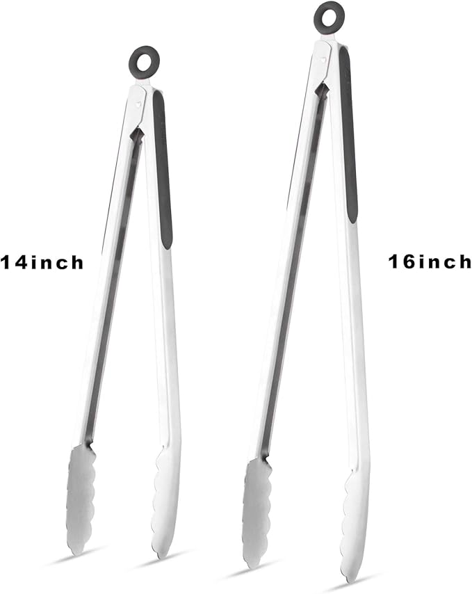 304 Stainless Steel Kitchen Cooking Tongs, 14" and 16" Set of 2 Sturdy Grilling Barbeque Brushed Locking Food Tongs with Ergonomic Grip, Black
