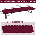 10 Pack Fitted Tablecloth for 8 Foot Rectangle Tables, Wine Red Elastic Outdoor Picnic Table Cover, Washable Stretch Folding Table Cloths 8 ft for Camping Party Patio Kitchen Banquet, 30" W x 96" L