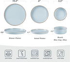 Famiware Nebula Plates and Bowls Sets for 4, 12 Pieces Stoneware Dinnerware Set, Microwave and Dishwasher Safe Dishes Set, Light Blue with Brown Rim