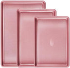 Nonstick Baking Sheet Pan Set of 3, Heavy Duty Cookie Sheets for Oven, 0.6mm Thick Quarter Size & Half Size & Jelly Roll Pan, Rustproof & Easy Clean with Textured Surface(Pink)