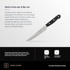 DURA LIVING Premium 4-Piece Steak Knife Set – Sharp Serrated Blades, Forged High Carbon Stainless Steel, Full Tang, Ergonomic Handle, Black – Perfect for Dining