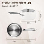 1.5 Quart Tri-ply Stainless Steel Saucepan with Glass Lid, Induction Sauce Pan Compatible with All Cooktops, Non-Toxic Sauce Pot with Stay Cool Handle, Oven & Dishwasher Safe