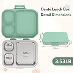 Stainless Steel Bento Box Kids, Leak Proof Metal Bento Lunch Box,3 Compartments 304 Stainless Steel Bento Lunch Containers for School and Office, BPA-Free(Green)