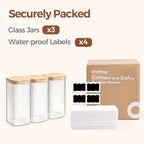 ComSaf Airtight Glass Storage Canister with Wood Lid (1.6 Qt), Clear Food Storage Container Jar with Sealing Lids for Oat Pasta Flour Cereal Rice Sugar Tea Coffee Beans, Set of 3 Square Cookie Jar